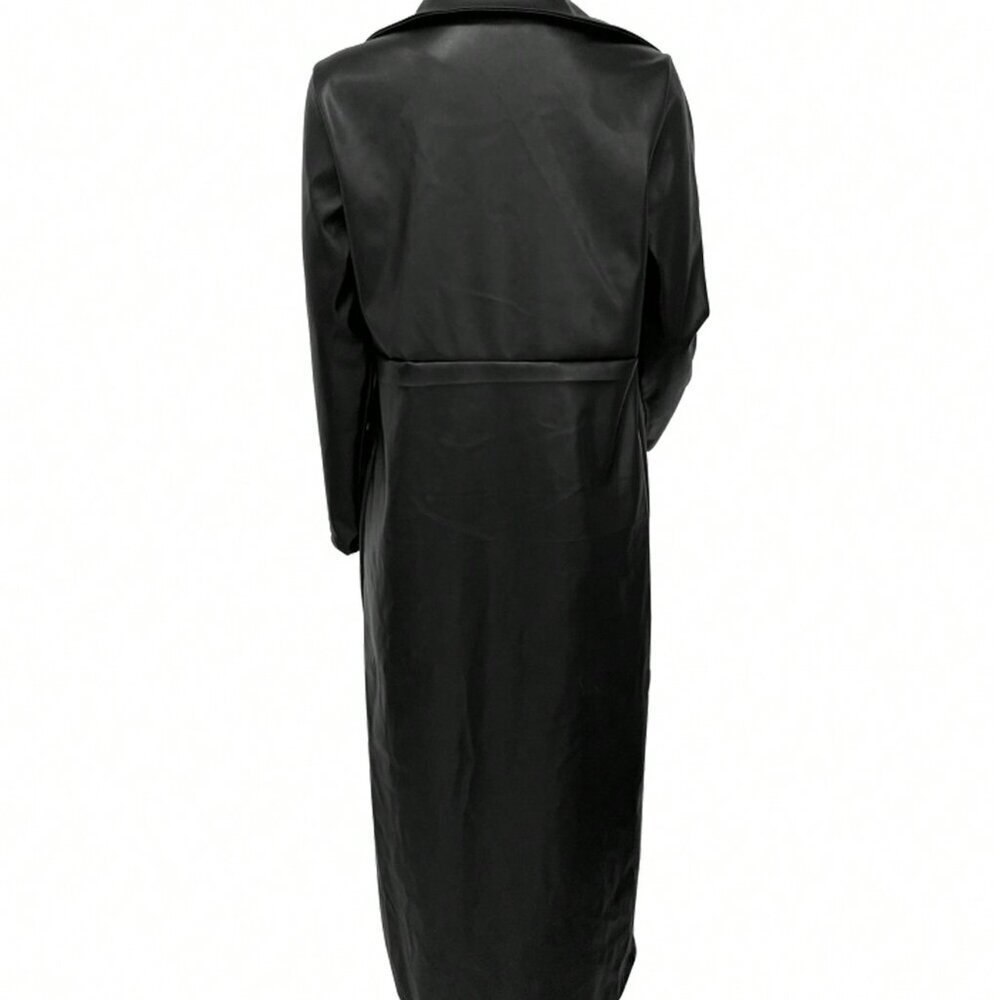 Black Elegant Women's Faux Leather Trench Coat - Picture 2 of 6
